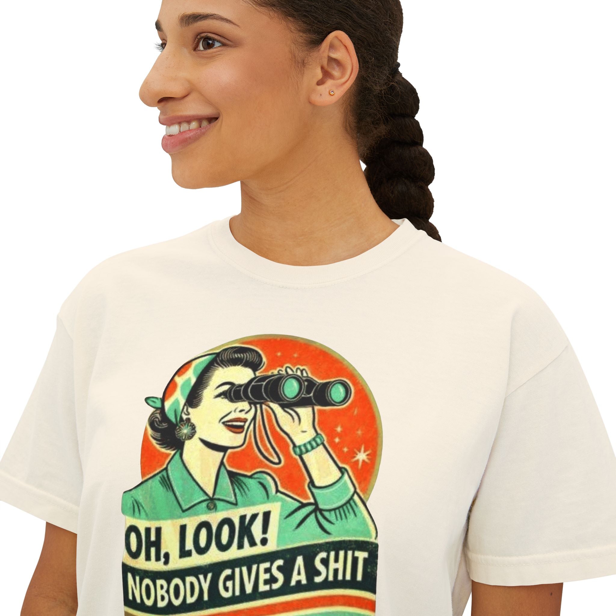 Graphic Tee — "Oh, Look! Nobody Gives a Shit" Retro Binoculars Design