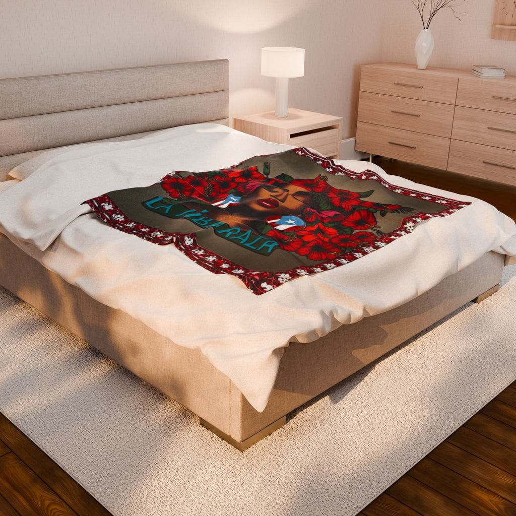La Jíbaraza Velveteen Plush Blanket  Puerto Rican Floral Afro-Latina Portrait Throw