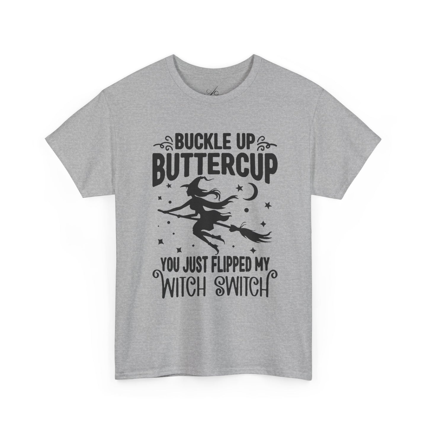 Witchy Humor Tee - Buckle Up Buttercup, Unisex Heavy Cotton Tee, Halloween Shirt, Casual Wear, Gift for Her, Funny T-Shirt