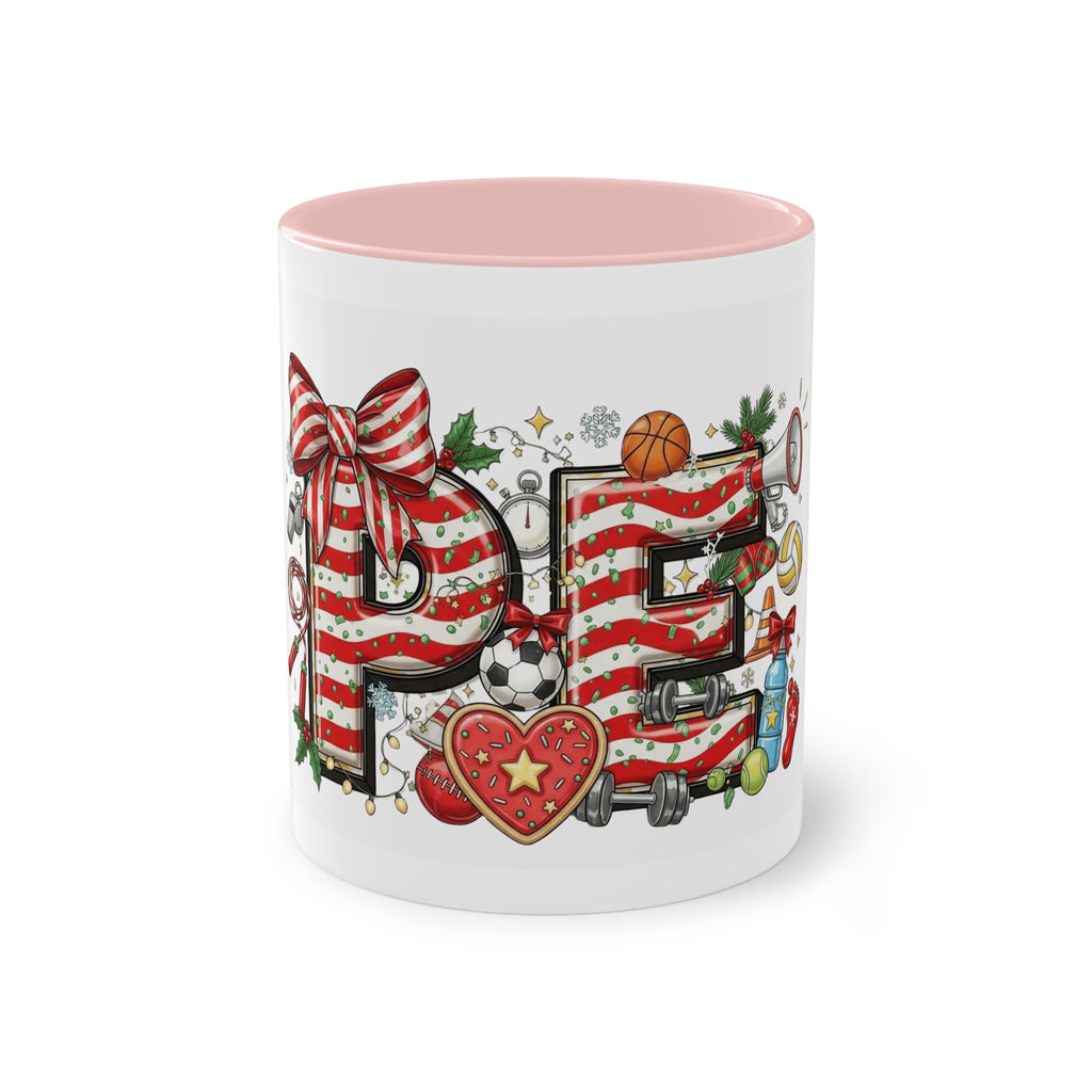 Holiday Sports Mom Coffee Mug Festive 'PE' Candy-Stripe Design, 11oz Two-Tone School Staff Christmas Mug Collection,