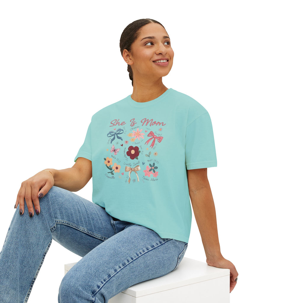 She Is Mom Floral Boxy Tee  Cute Mother’s Day Floral Graphic Shirt