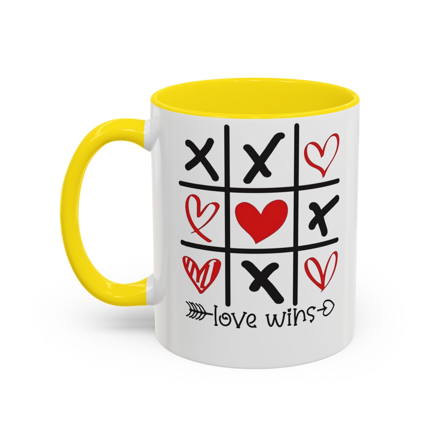 Love Wins Tic-Tac-Toe Heart Accent Coffee Mug — Romantic Valentine 11/15oz