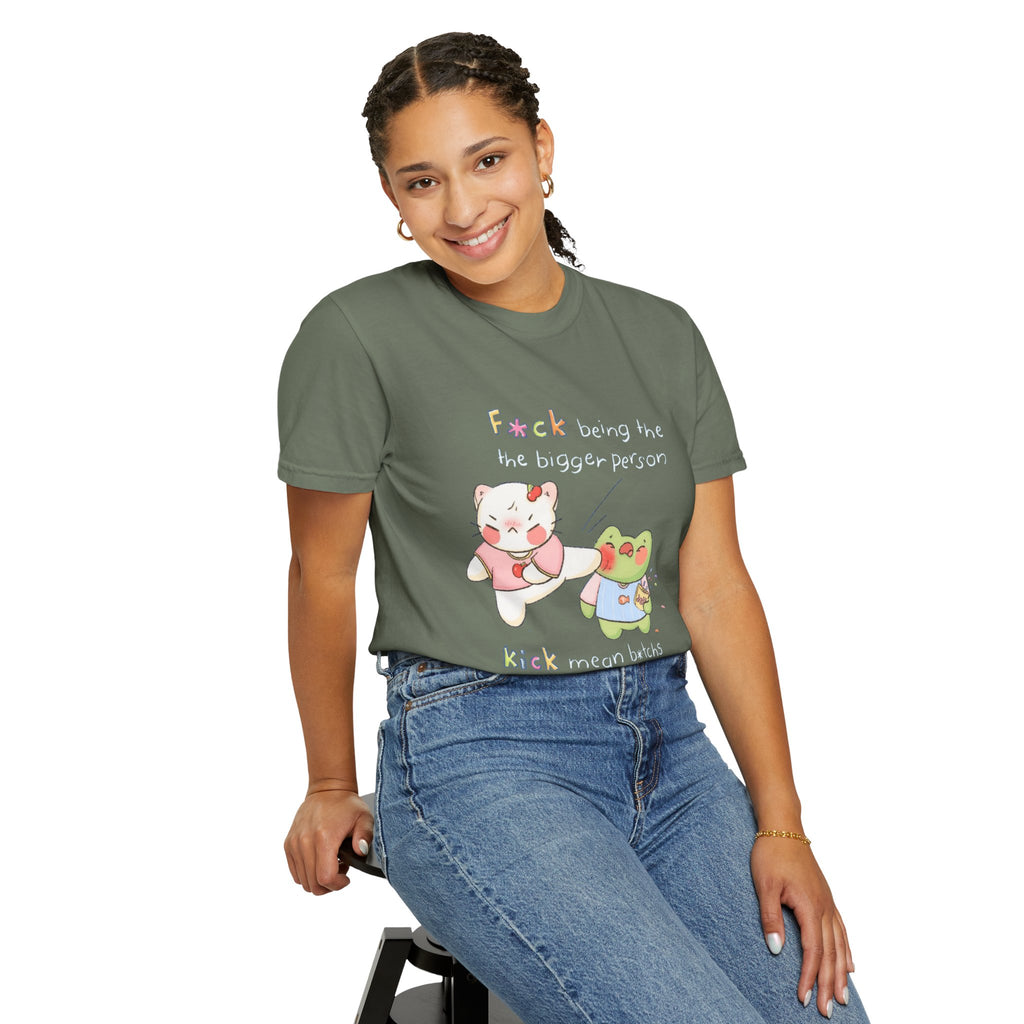 Graphic T-Shirt  Cute Kicking Cat & Frog with 'F*ck Being The Bigger Person' Slogan