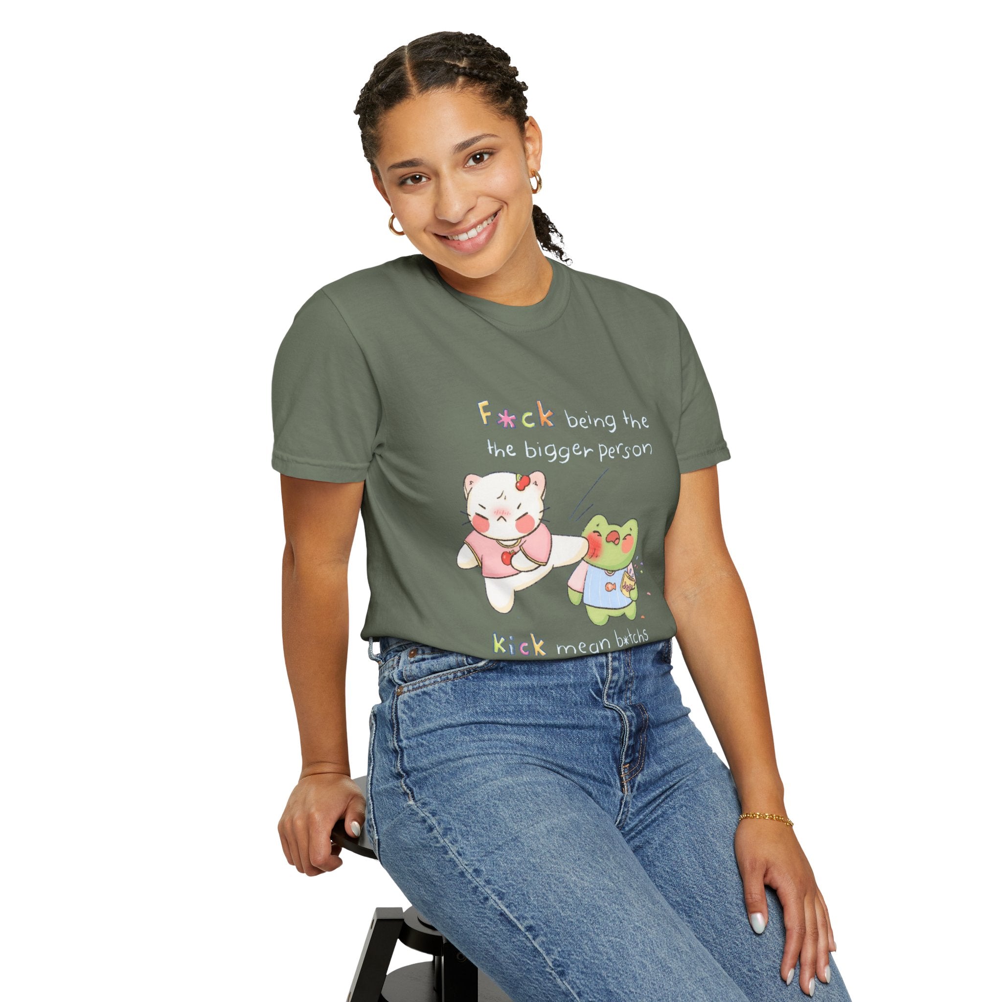 Graphic T-Shirt  Cute Kicking Cat & Frog with 'F*ck Being The Bigger Person' Slogan