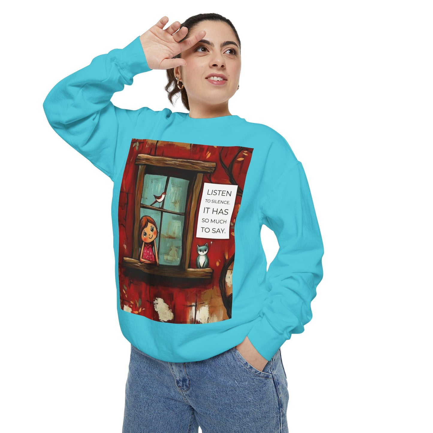 Cozy Window Scene Sweatshirt  "Listen, It Has So Much to Say" Graphic
