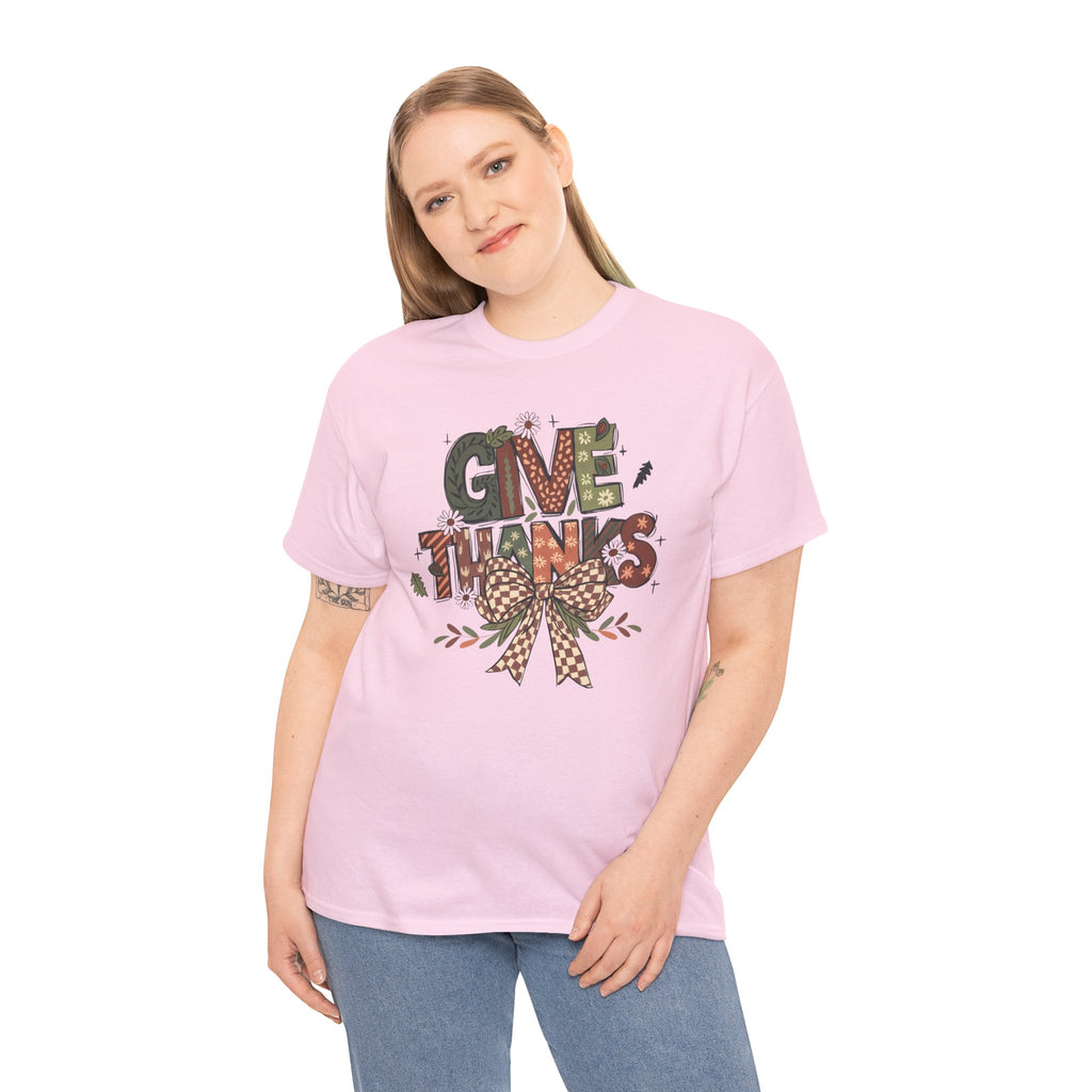 Give Thanks Tee Thanksgiving Graphic T-Shirt with Rustic Bow Design