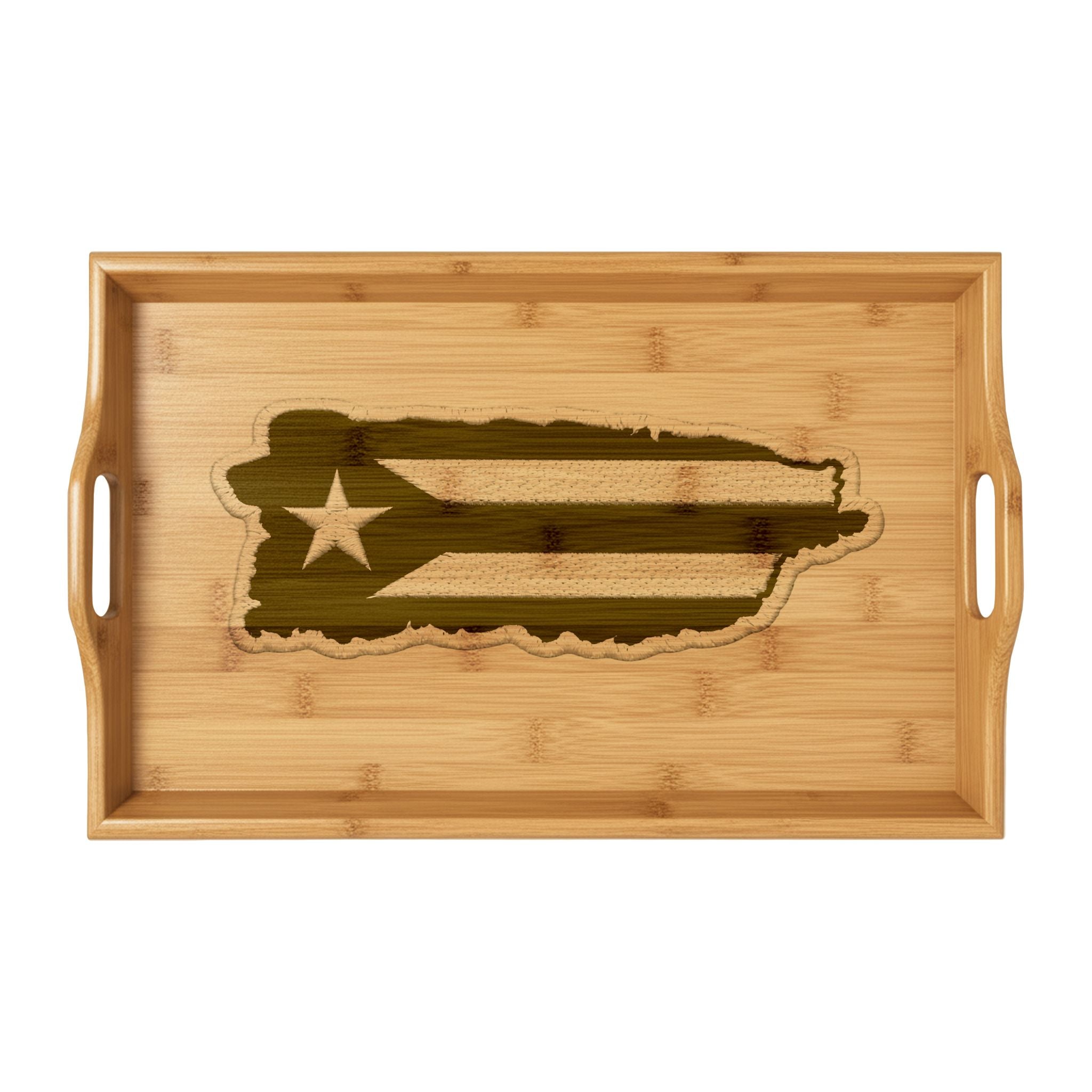 Puerto Rico Map Bamboo Serving Tray  Engraved Puerto Rican Flag Design