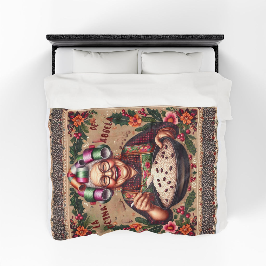 Grandma’s Cocina Velveteen Plush Blanket —Abuela Cooking Illustration Throw