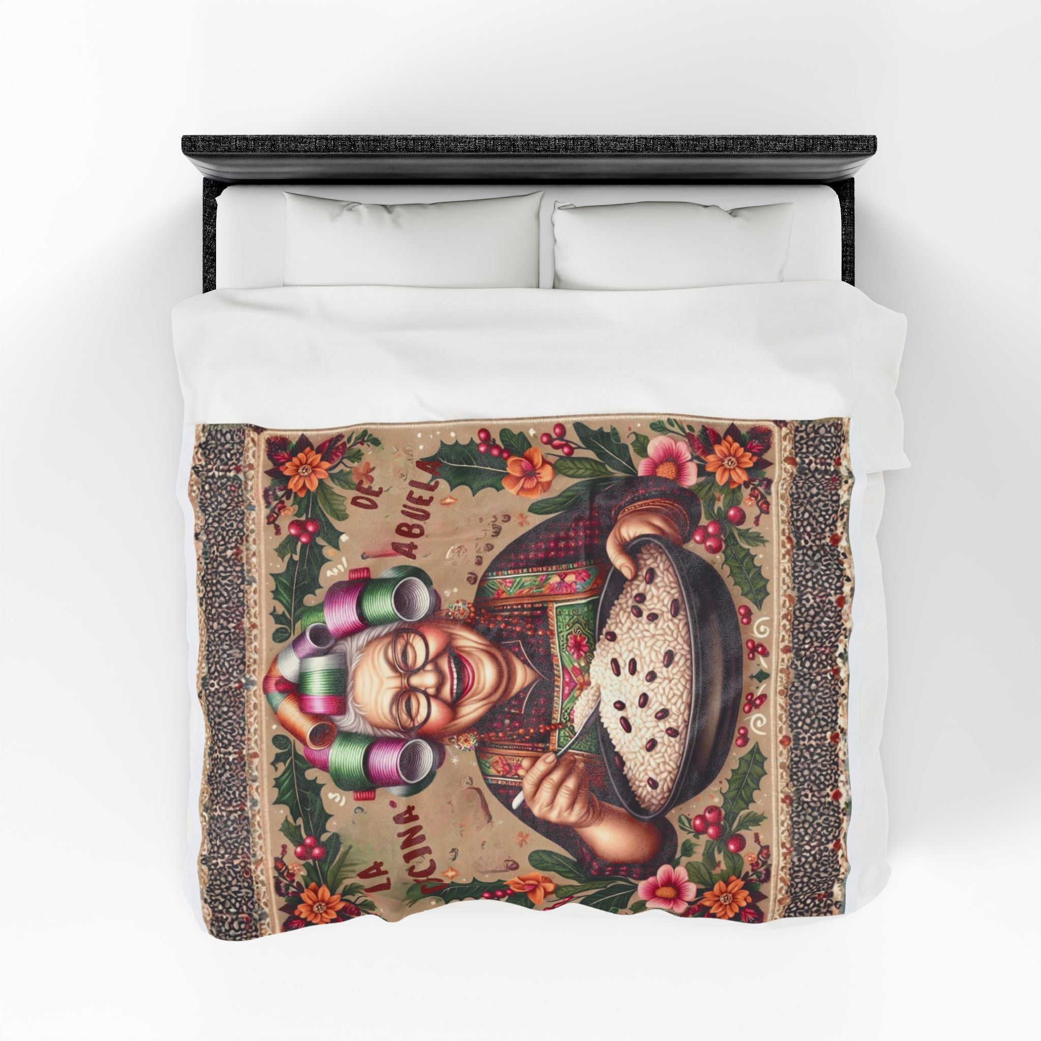 Grandma’s Cocina Velveteen Plush Blanket —Abuela Cooking Illustration Throw