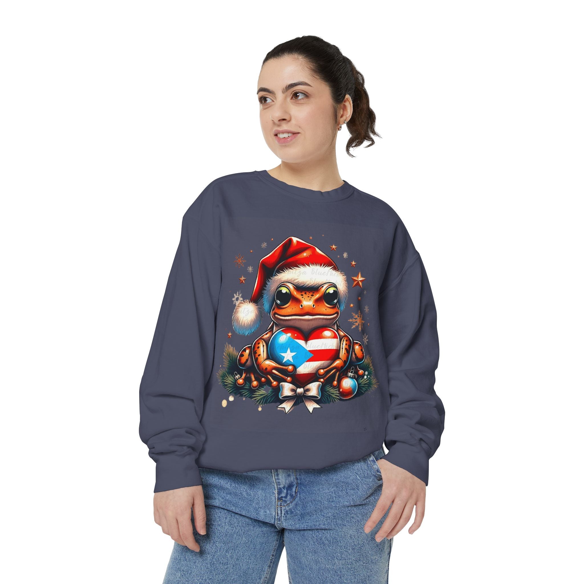 Christmas Coqui Sweatshirt — Cute Santa Frog Holding Ornament Holiday Sweater