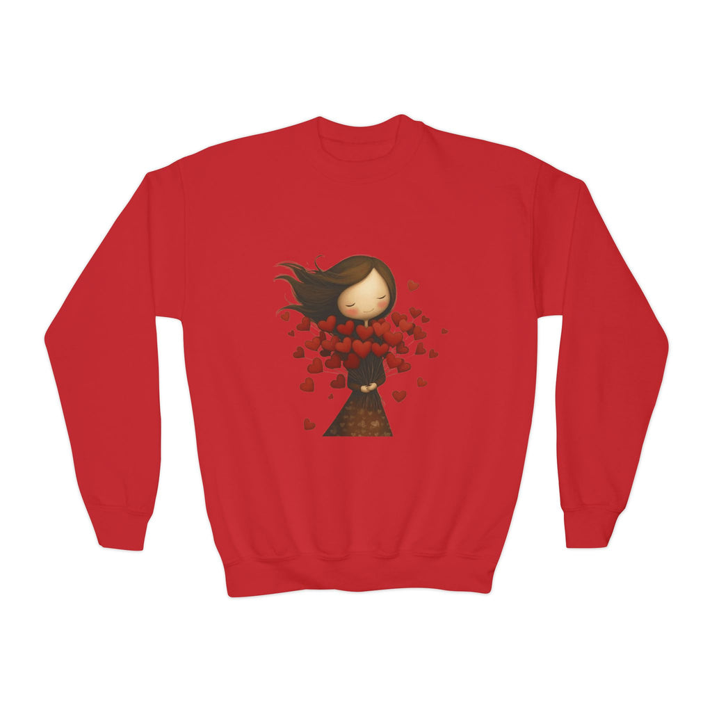 Youth Sweatshirt  Cute Girl with Heart Shower "Love Bug" Crewneck