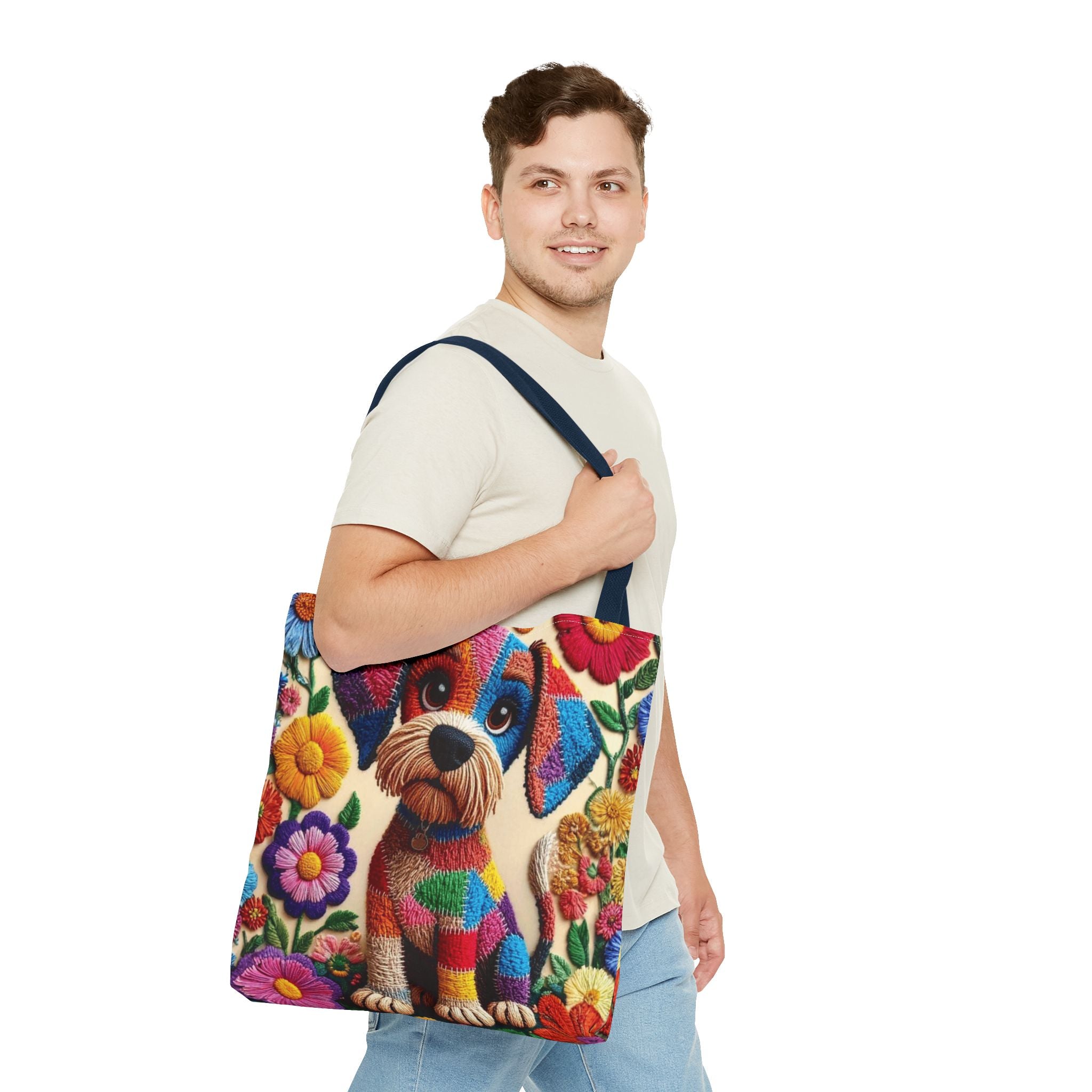 Colorful Patchwork Puppy Tote Bag — Cute Dog Floral AOP Shopper Crochet-Decorated Tote Bags