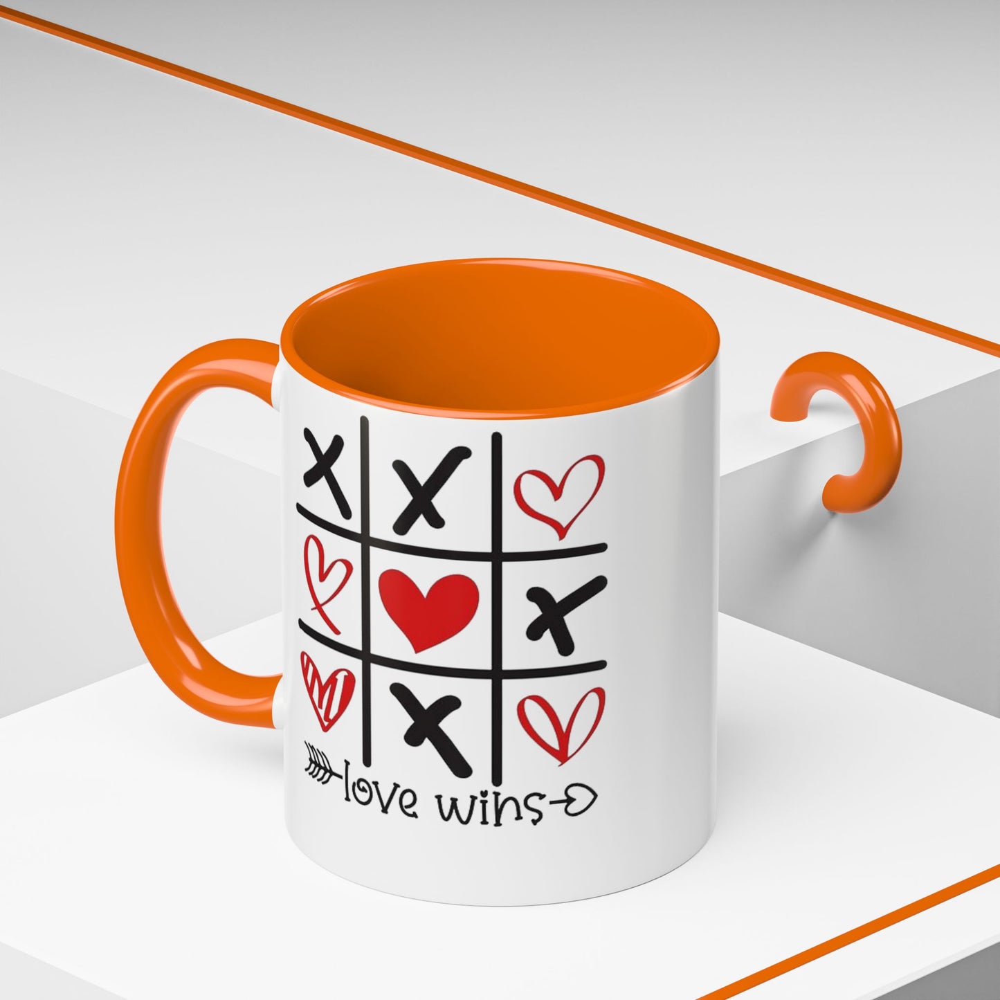 Love Wins Tic-Tac-Toe Heart Accent Coffee Mug — Romantic Valentine 11/15oz