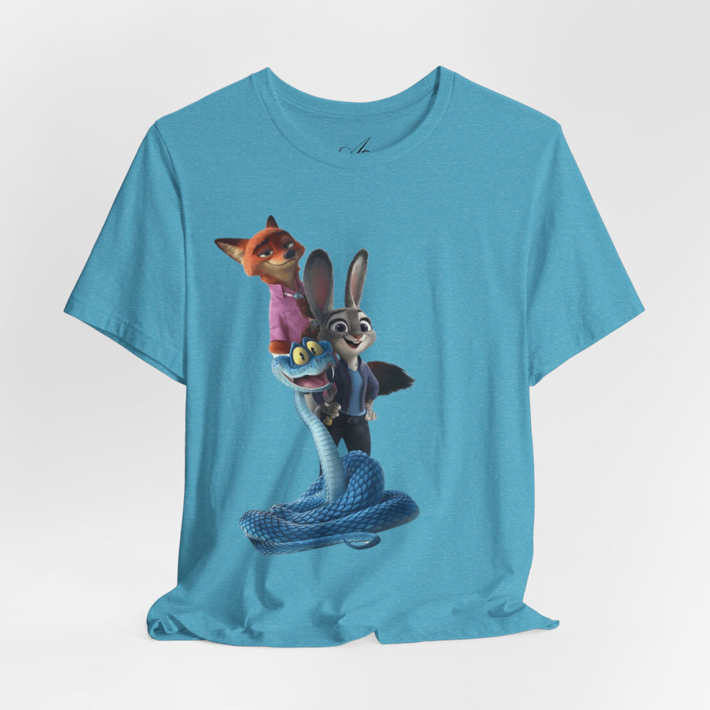 Animated Character Tee — Cute Fox & Bunny Stack Graphic T-Shirt  cartoon-style Christmas artwork