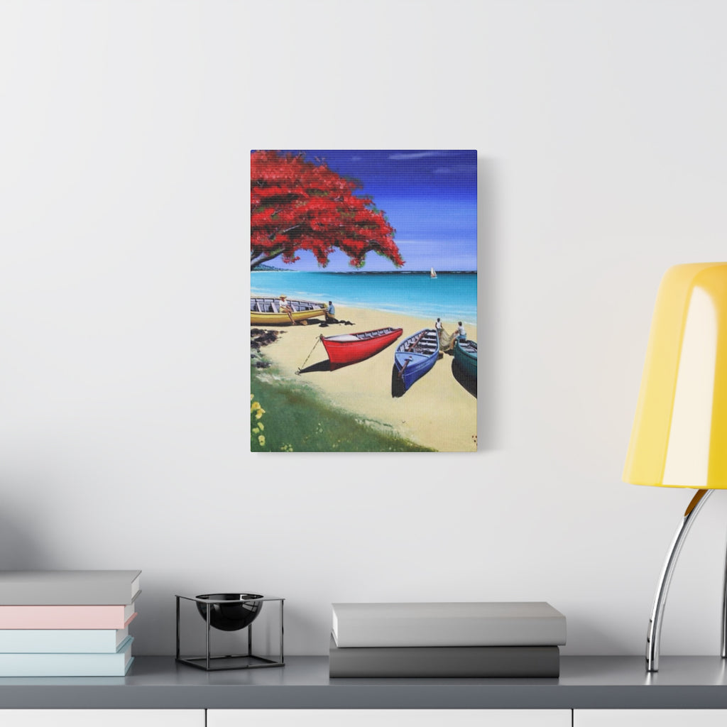 Beach Canoes Canvas Wall Art Tropical Seaside Landscape Matte Stretched Canvas