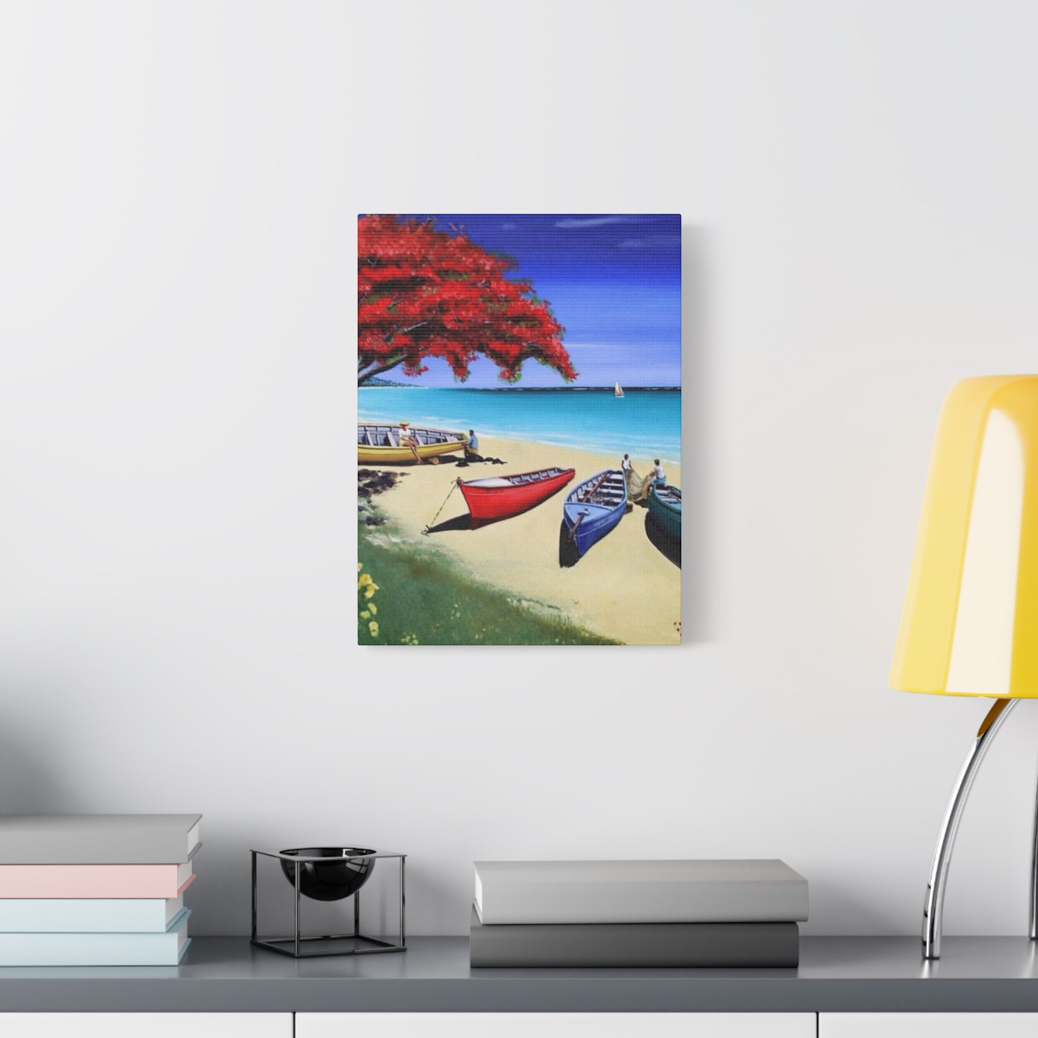 Beach Canoes Canvas Wall Art Tropical Seaside Landscape Matte Stretched Canvas