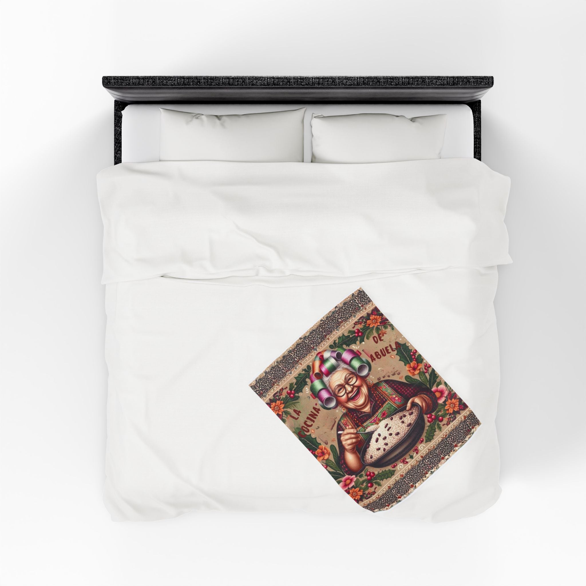 Grandma’s Cocina Velveteen Plush Blanket —Abuela Cooking Illustration Throw