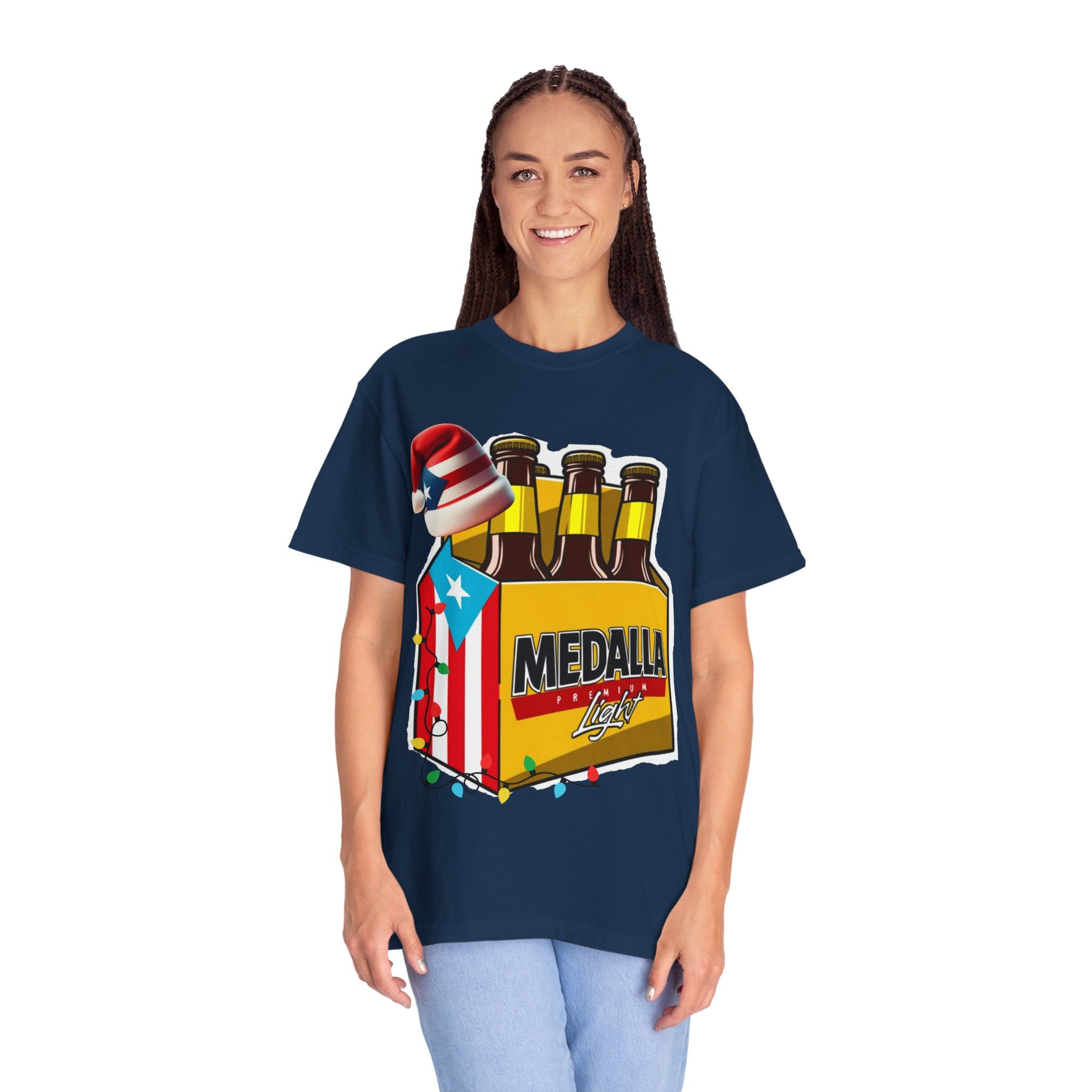 Medalla Light Beer T-Shirt  Navidad Boricua Holiday Tee Puerto Rico’s Navidades