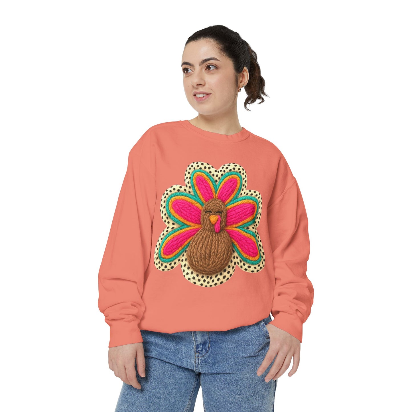 Festive Holiday Designs Turkey Patch Sweatshirt — Colorful Embroidered Thanksgiving Pullover