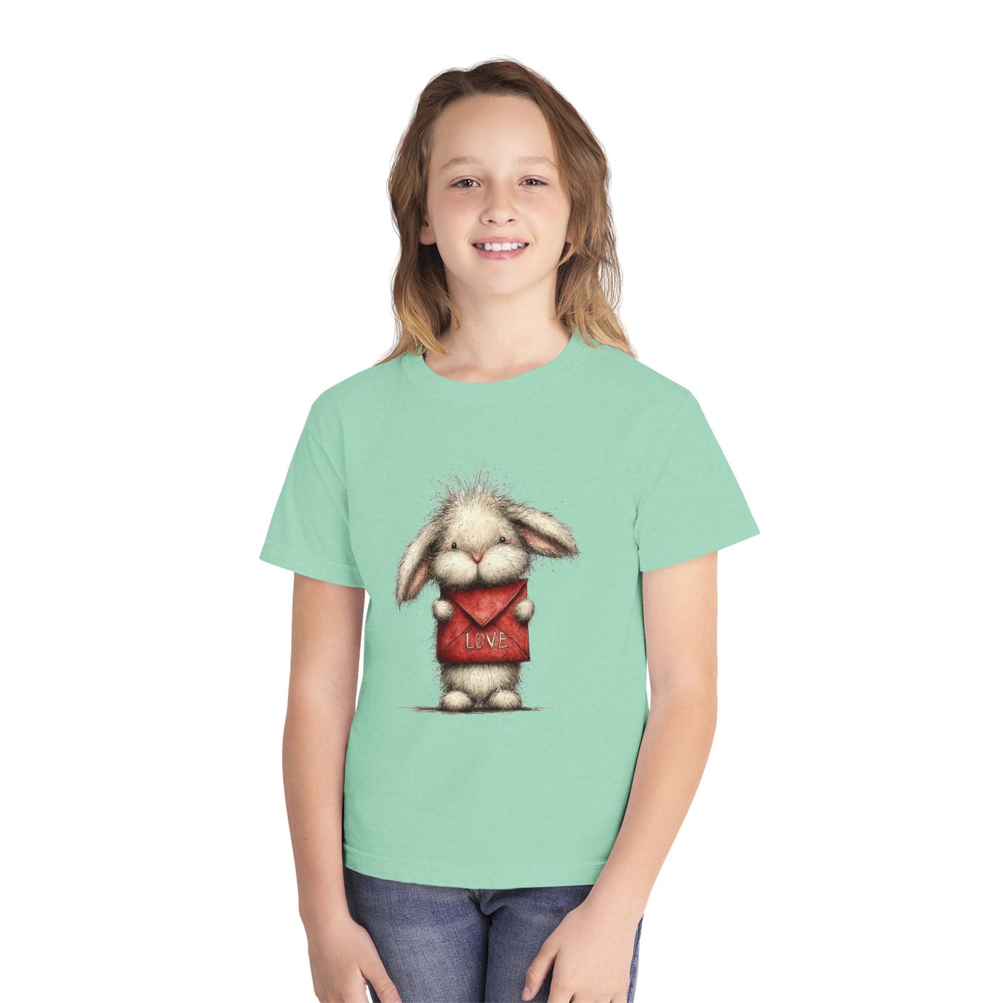 Kids Tee  Cute Bunny Holding "Love" Heart Graphic (Youth Midweight)