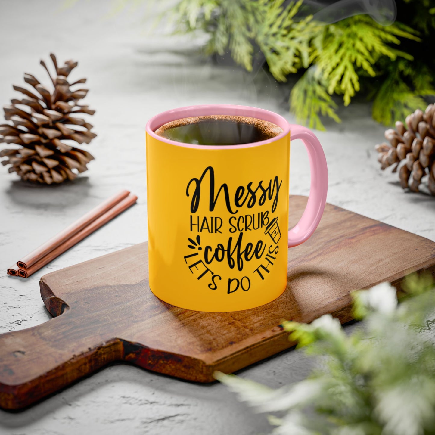 Holiday Coffee Cups with Festive Quotes & Designs Messy Hair Coffee Mug - Fun Yellow Ceramic Cup for Coffee Lovers