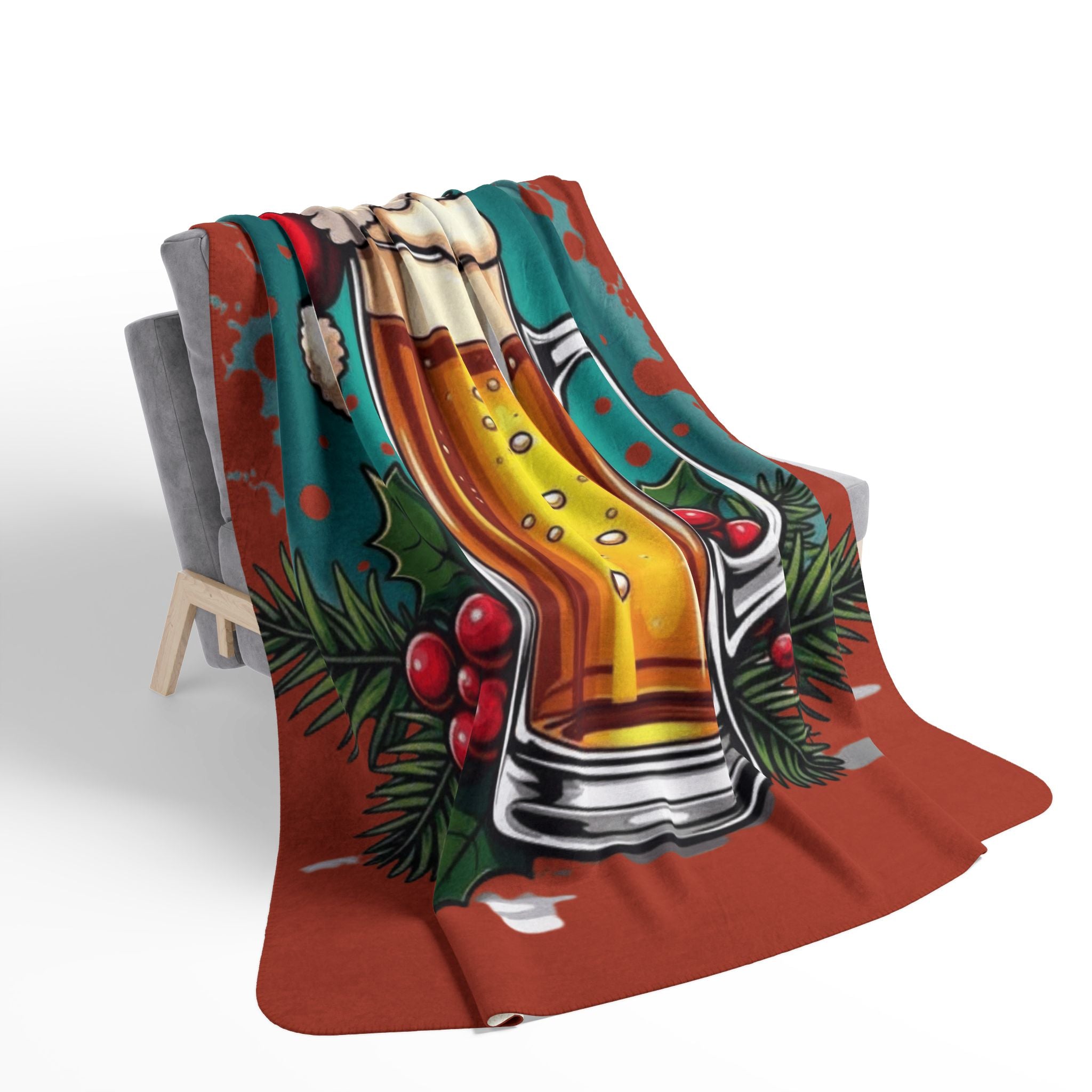 Christmas Beer Sherpa Blanket — Festive Mug with Santa Hat Holiday Throw