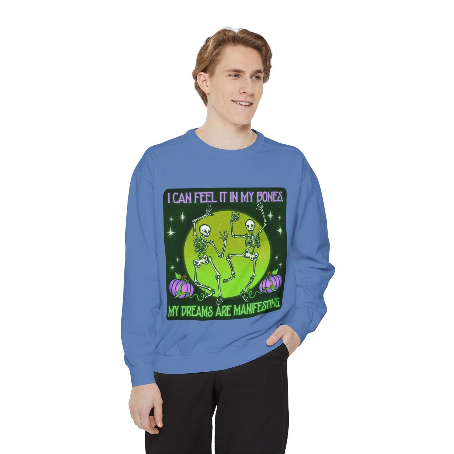Spooky Manifesting Sweatshirt, Unisex Skeleton Pullover, Halloween Apparel, Cozy Fall Fashion, Casual Trendy Top, Unique Gift