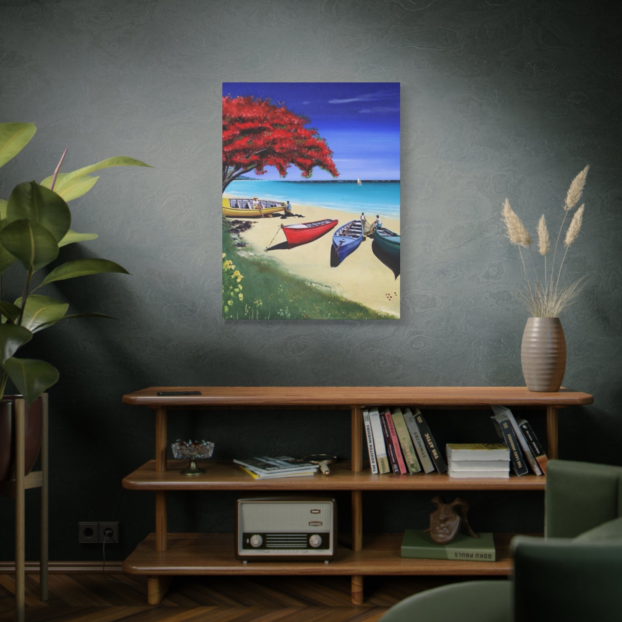 Beach Canoes Canvas Wall Art Tropical Seaside Landscape Matte Stretched Canvas