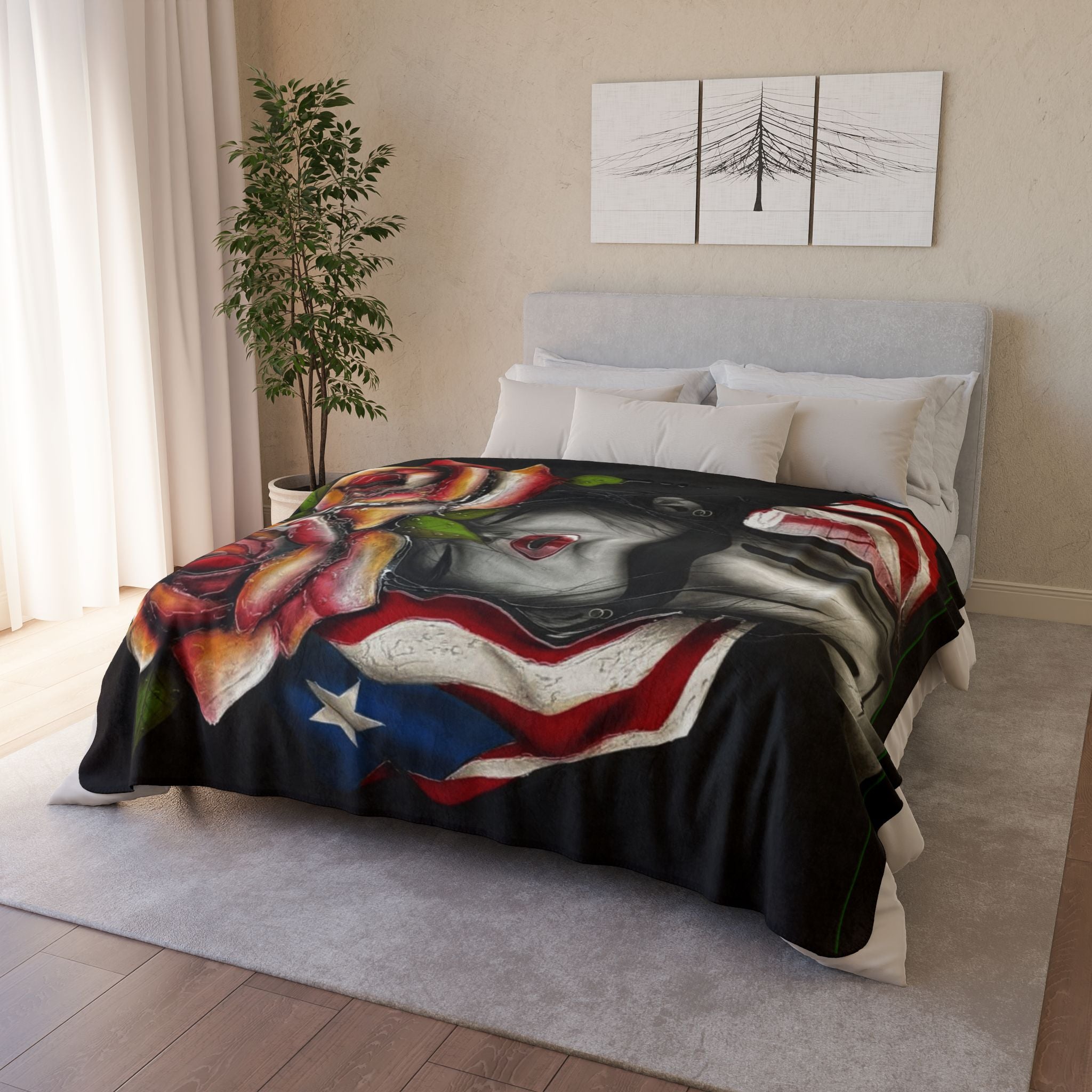 Puerto Rico Design Blanket! Patriotic Rose Face Fleece Sherpa Blanket