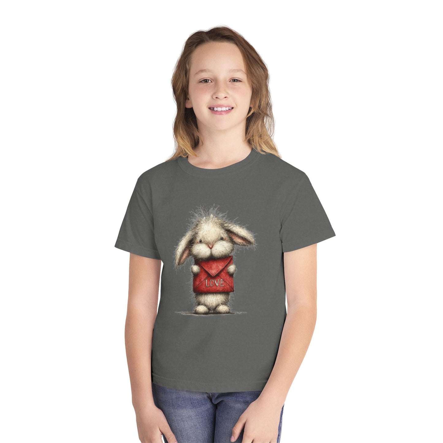 Kids Tee  Cute Bunny Holding "Love" Heart Graphic (Youth Midweight)