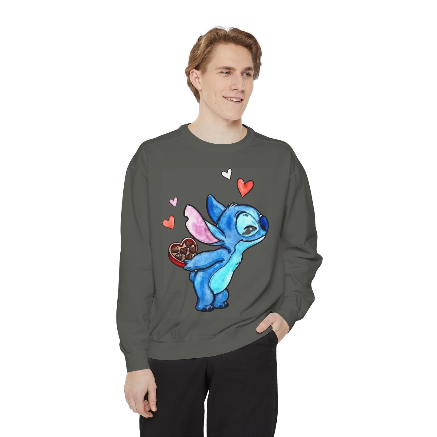 Stitch Valentine Sweatshirt — Cute Blue Alien with Hearts & Chocolate Pocket