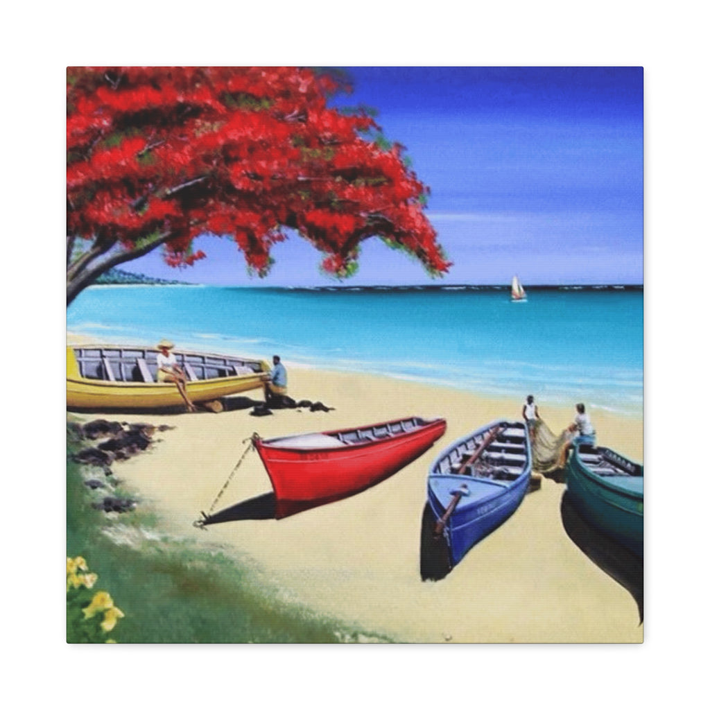 Beach Canoes Canvas Wall Art Tropical Seaside Landscape Matte Stretched Canvas
