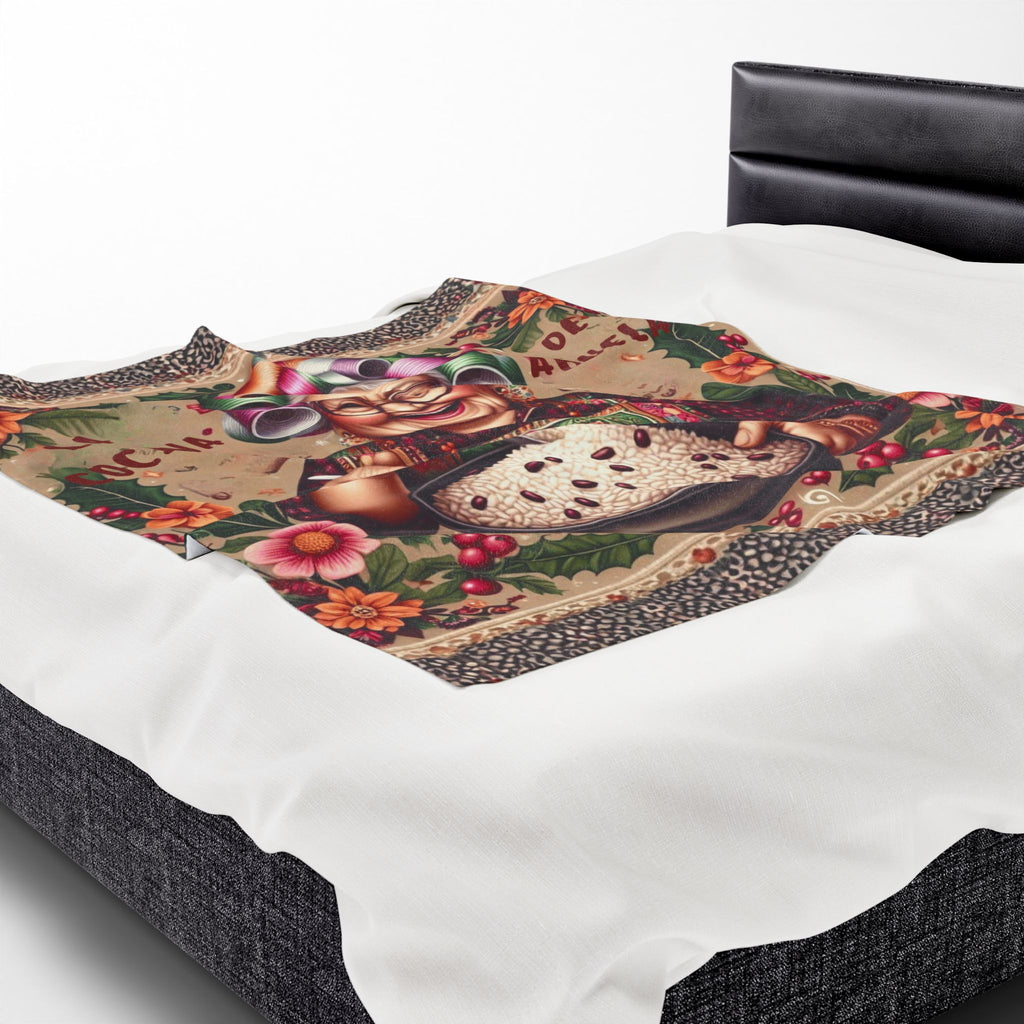 Grandma’s Cocina Velveteen Plush Blanket —Abuela Cooking Illustration Throw