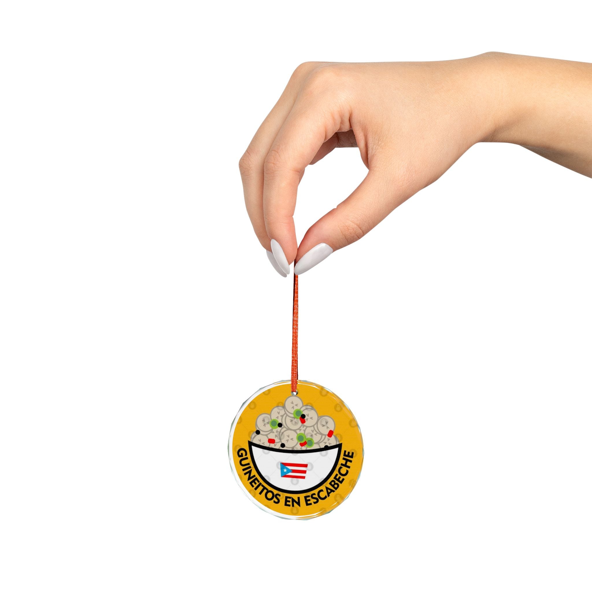 Heart-Shaped Crystal Glass Ornament - Puerto Rican Food Theme Feliz Navidad Boricua Glass Ornament