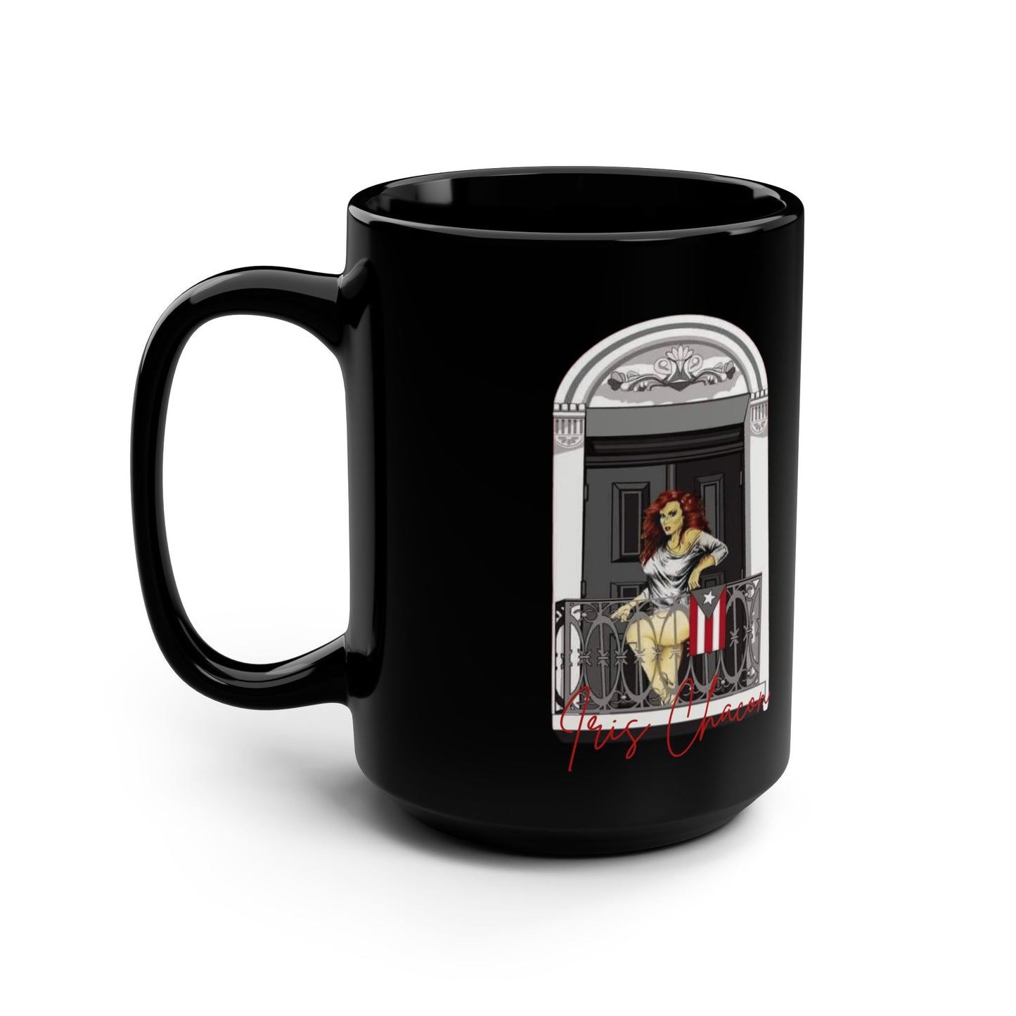 Iris Chacon Orgullo Boricua Chic Women's Coffee Mug, Stylish Black Cup, Gift for Her, Trendy Kitchen Decor, Perfect for Birthdays,