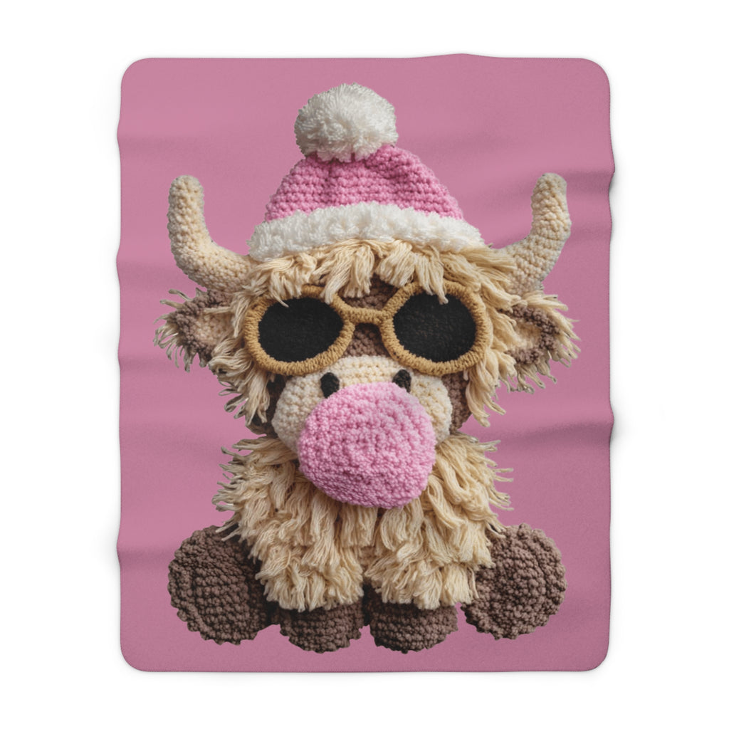 Santa’s Little Snuggle Blanket Cute Highland Cow Sherpa Blanket  Pink Knit Hat & Sunglasses Plush Throw