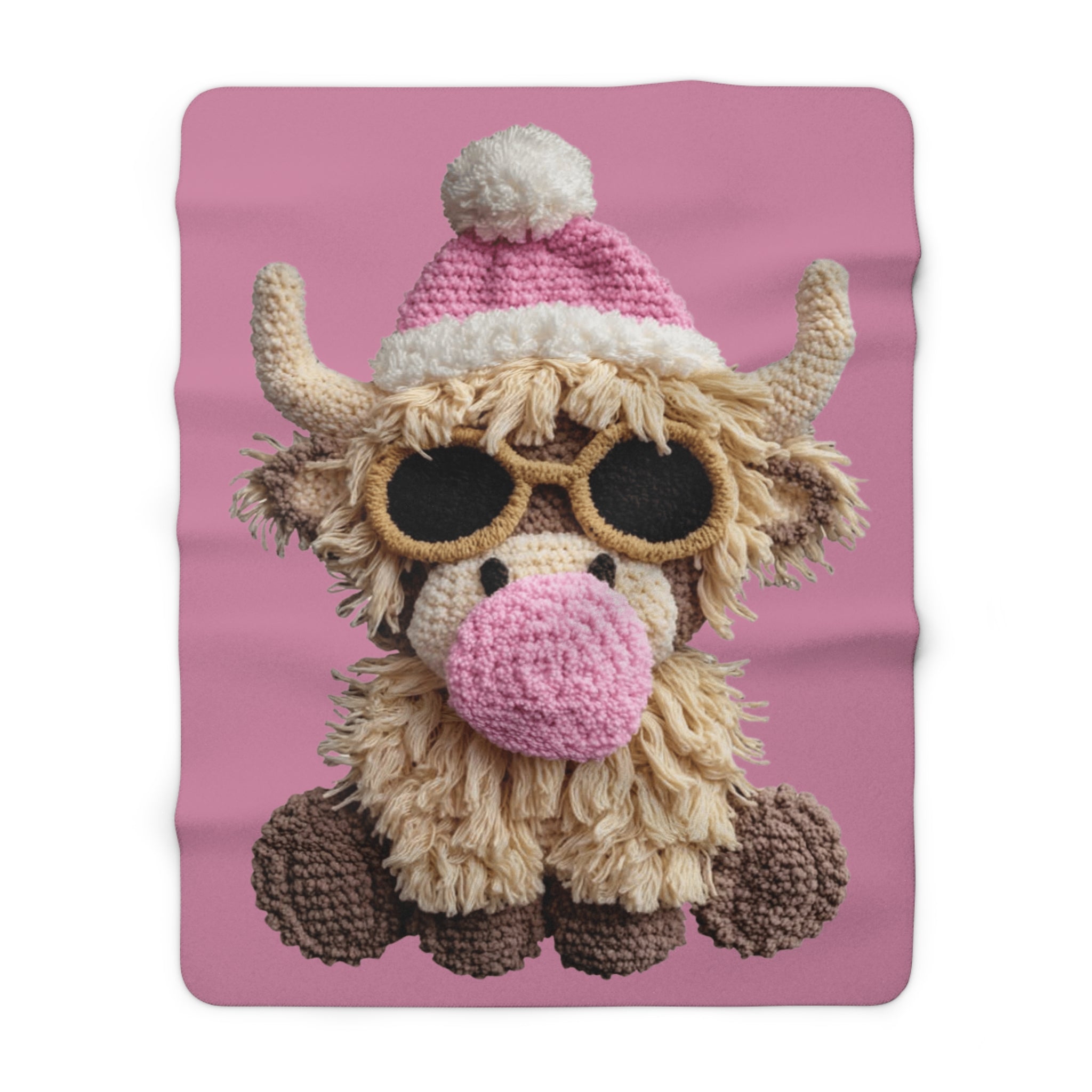 Santa’s Little Snuggle Blanket Cute Highland Cow Sherpa Blanket  Pink Knit Hat & Sunglasses Plush Throw