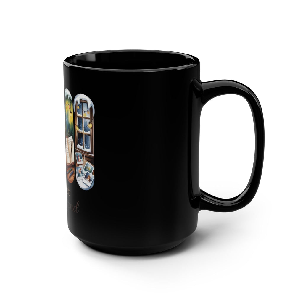Winter Wonderland 15oz Black Mug — Cozy Fireplace & Reading Scene