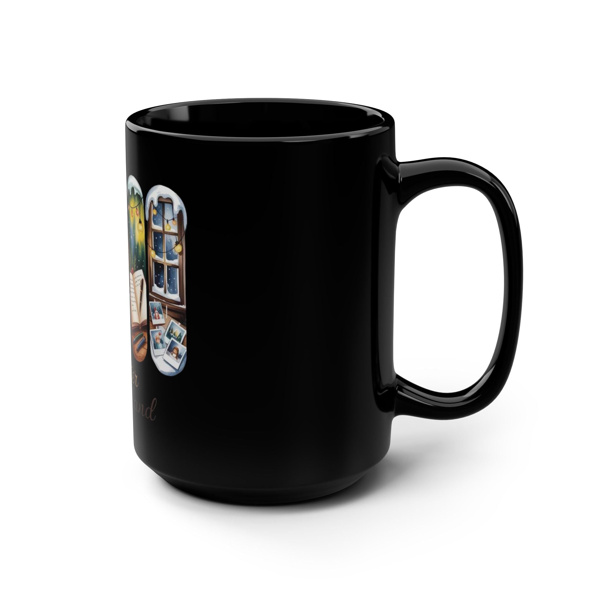 Winter Wonderland 15oz Black Mug — Cozy Fireplace & Reading Scene