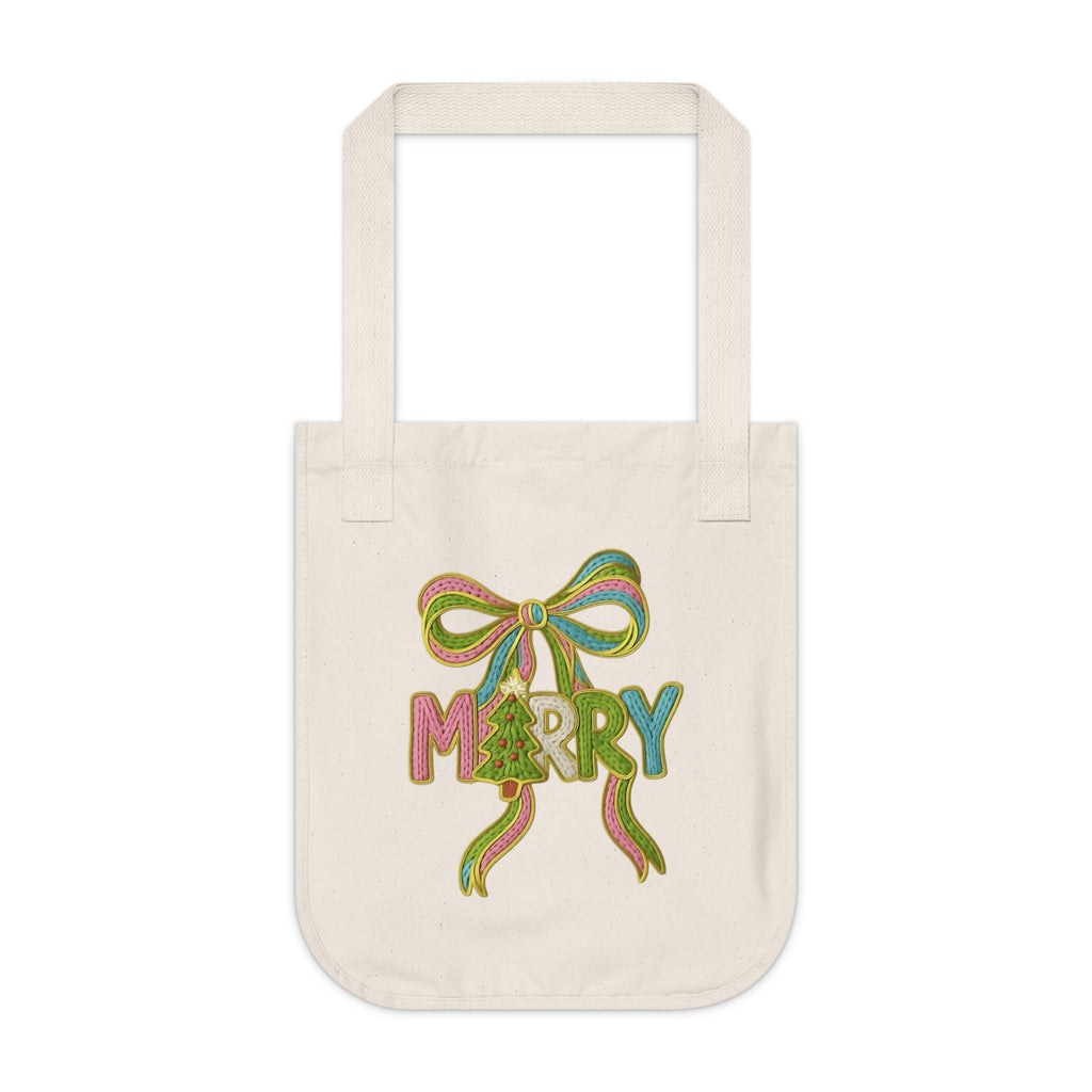 Tote Bag 'Merry' Ribbon Christmas Canvas Tote Organic Holiday Market Bag Christmas gift tote