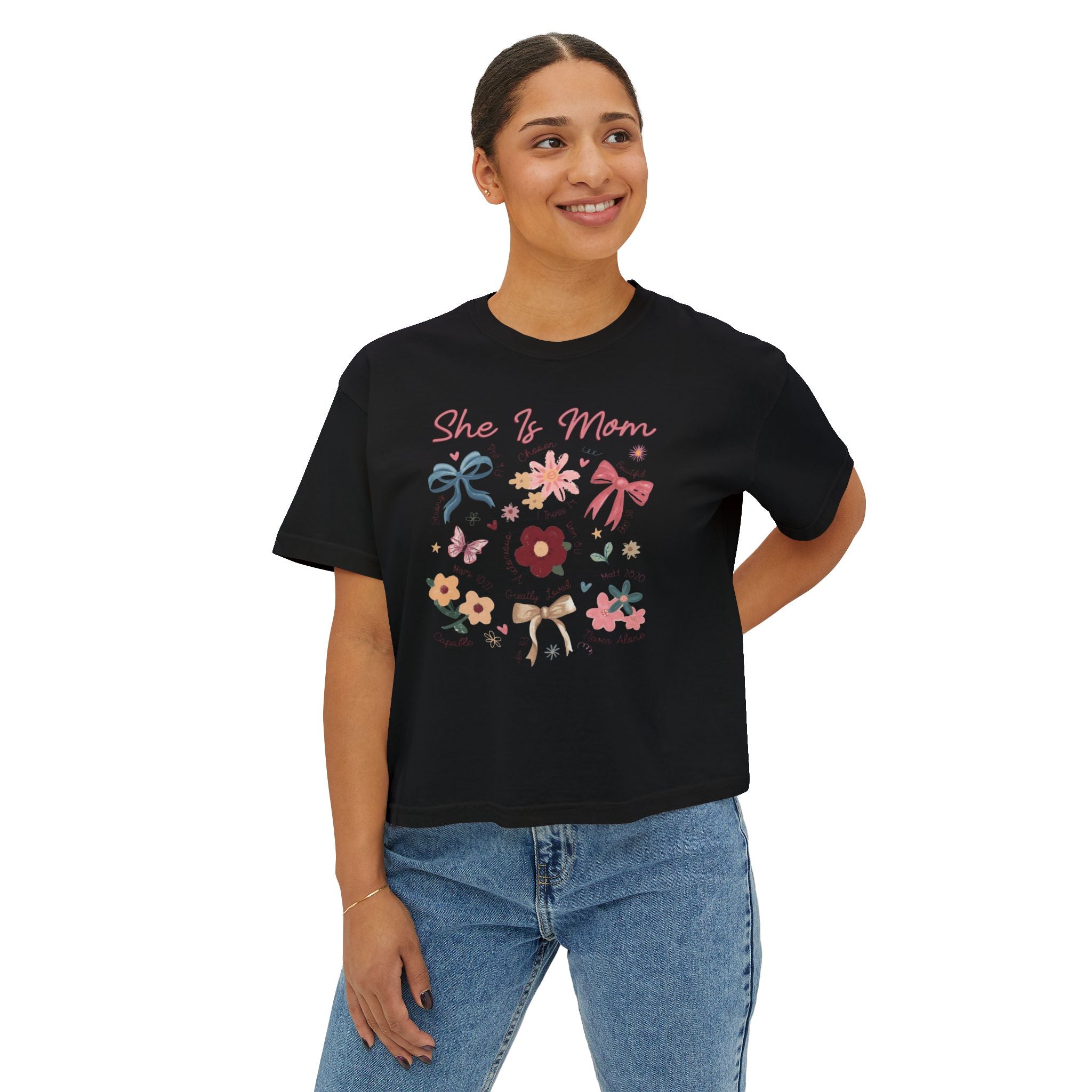 She Is Mom Floral Boxy Tee  Cute Mother’s Day Floral Graphic Shirt