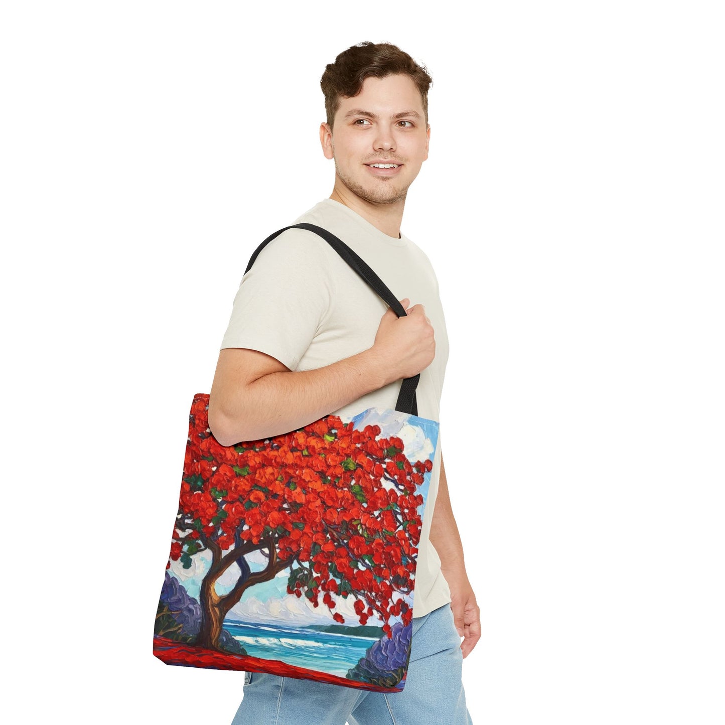 Red Blossom Beach Tote - Tropical Tree Art All-Over Print Tote Bag Crochet-Decorated Tote Bags