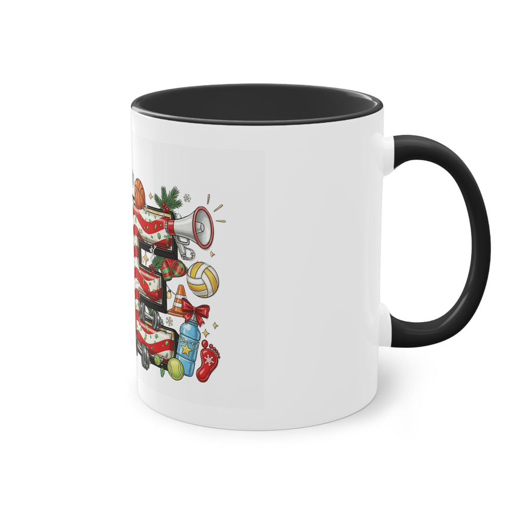 Holiday Sports Mom Coffee Mug Festive 'PE' Candy-Stripe Design, 11oz Two-Tone School Staff Christmas Mug Collection,