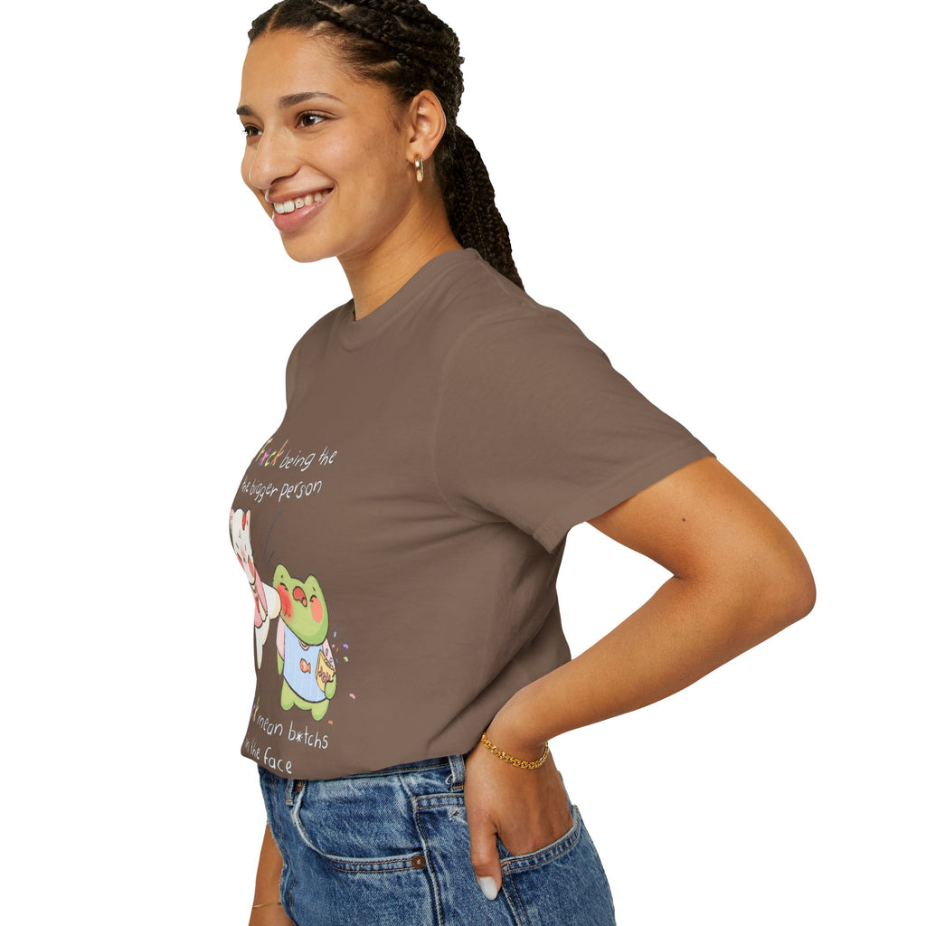 Graphic T-Shirt  Cute Kicking Cat & Frog with 'F*ck Being The Bigger Person' Slogan