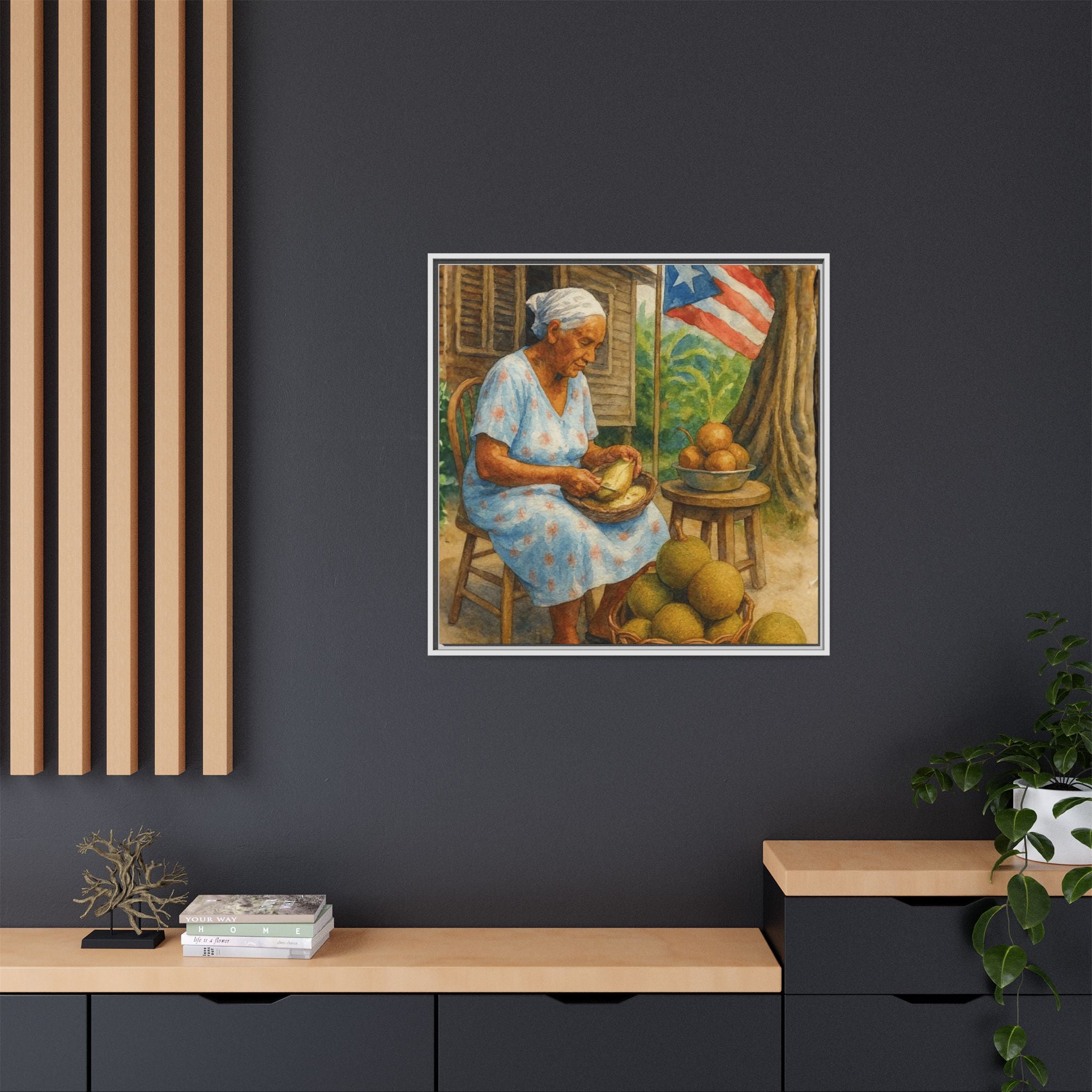Cultural & Story-Driven These Puerto Rico inspired  Framed Matte Canvas Print  Woman Shelling Fruit Vintage Tropical Painting