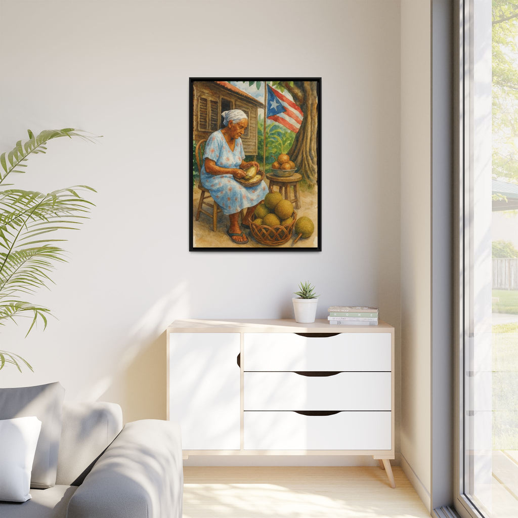 Cultural & Story-Driven These Puerto Rico inspired  Framed Matte Canvas Print  Woman Shelling Fruit Vintage Tropical Painting