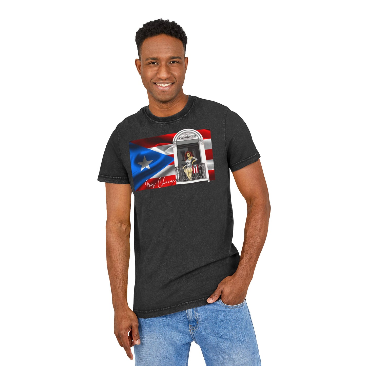 Iris Chacon Puerto Rico Patriotic Acid Washed Round Neck Tee, Vintage Style Shirt, Casual Wear, Independence Day Apparel, Gift for Music Lovers