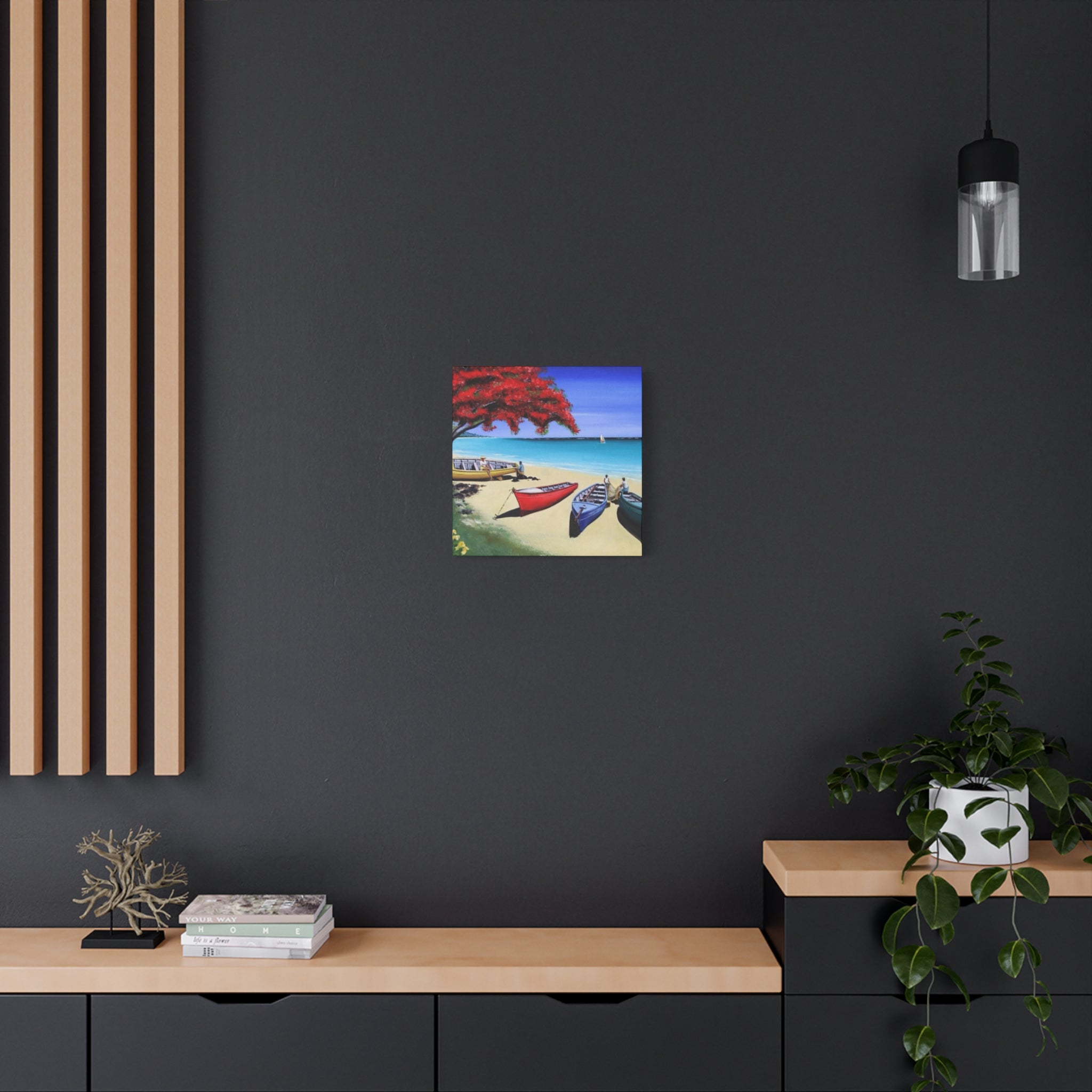 Beach Canoes Canvas Wall Art Tropical Seaside Landscape Matte Stretched Canvas