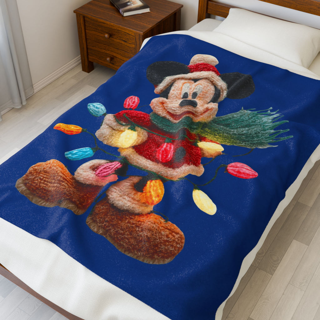 Mickey Mouse Holiday Velveteen Plush Blanket — Festive Lights & Scarf Cozy Throw