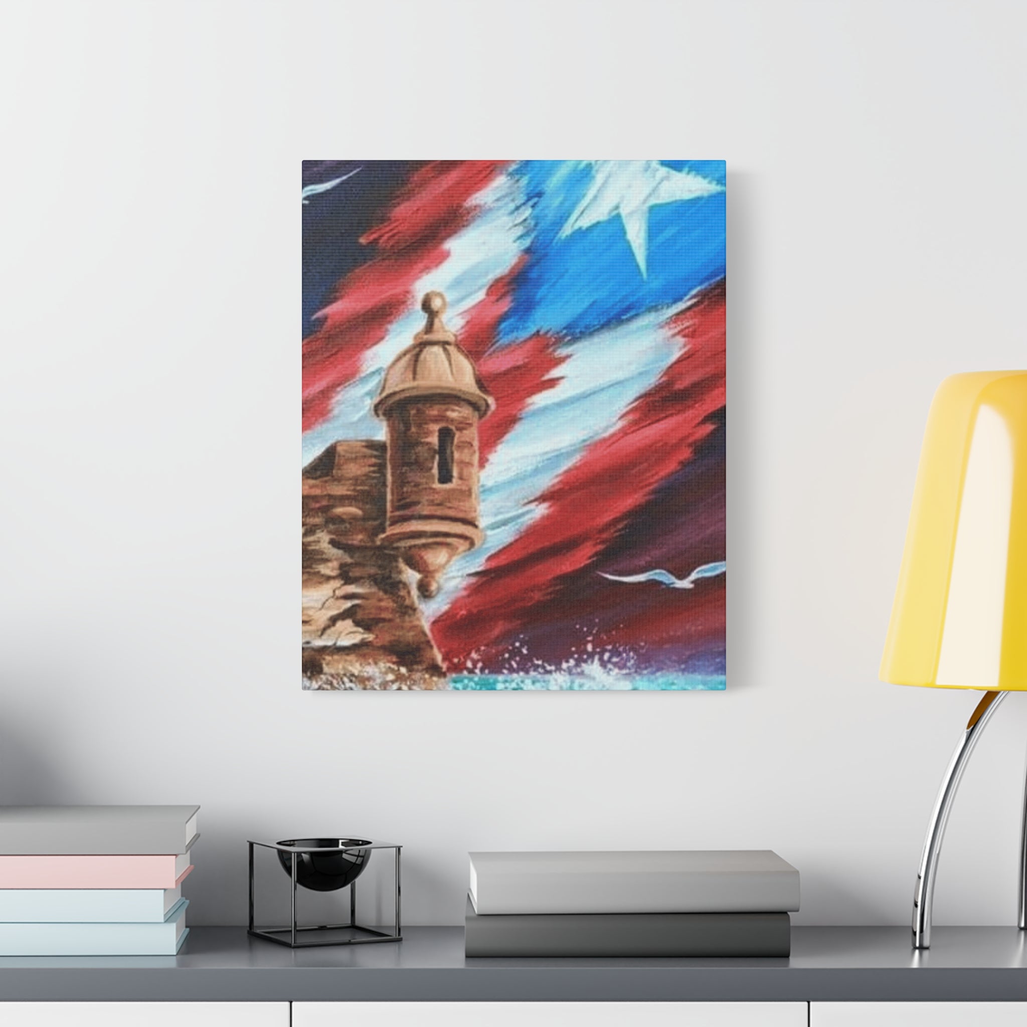 Patriotic Castillo Canvas Wall Art – Puerto Rico Flag Coastal Fortress Print